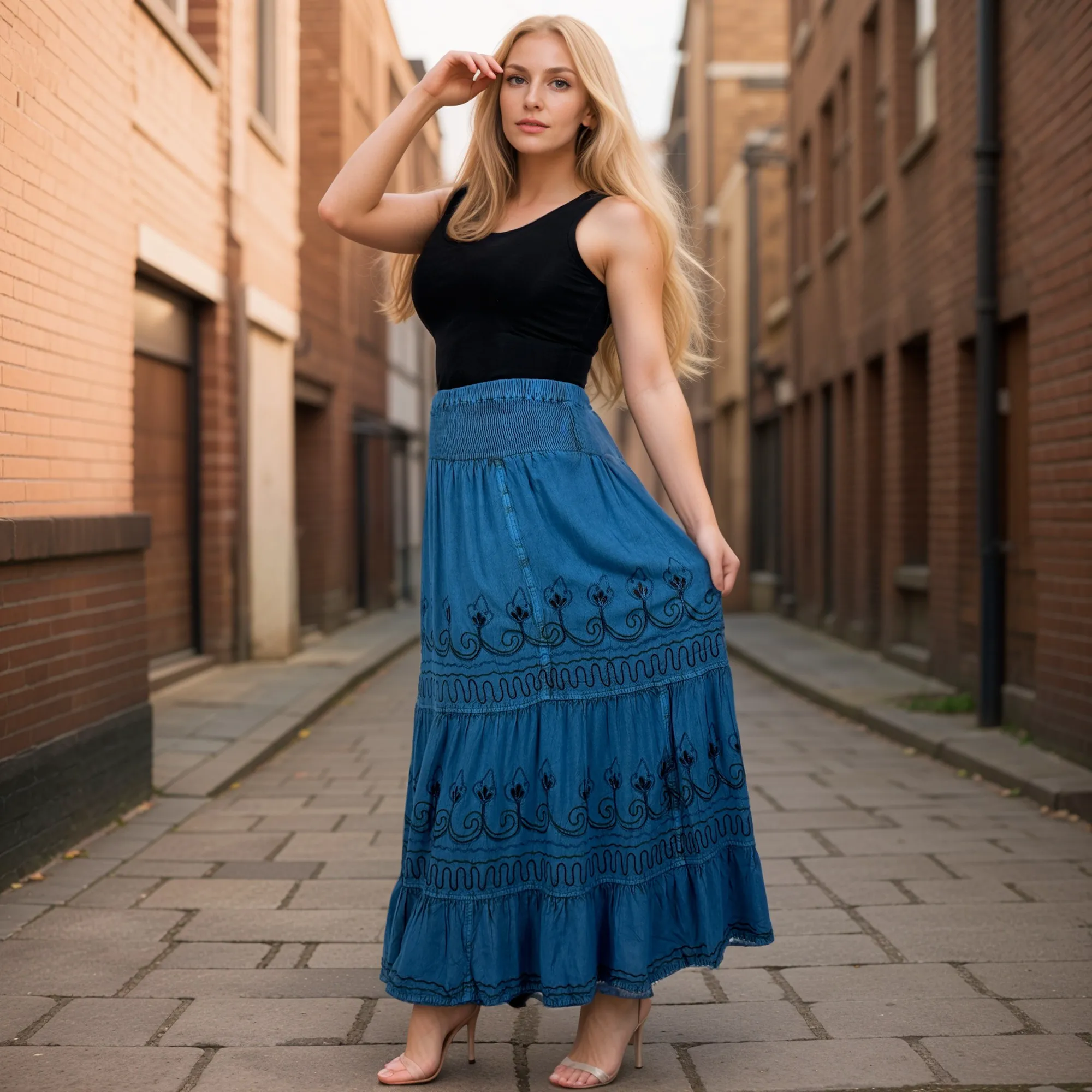 09 SKT Boho Gothic Tiered Full Embroidered Waistband Long Skirt Maxi