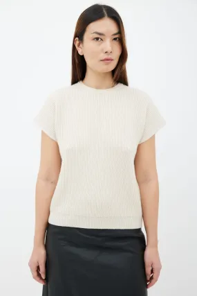 Beige Cashmere & Cotton Ribbed Knit Short Sleeve Sweater