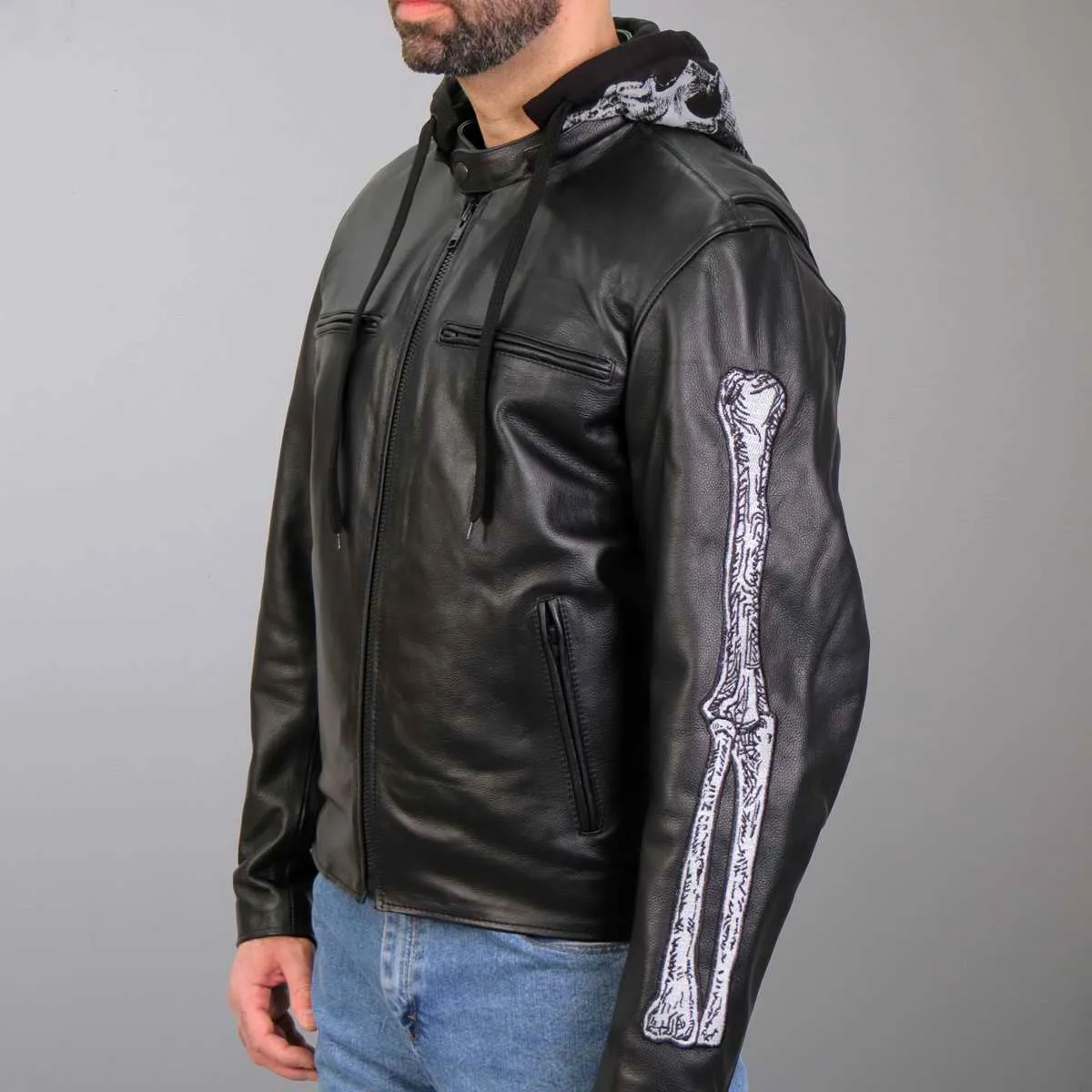 Hot Leathers JKM1031 Mens Skull and Bones Leather Jacket with Flannel Lining