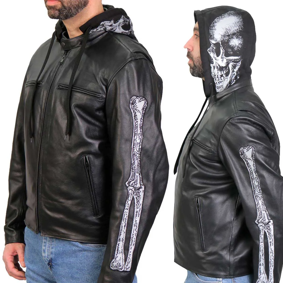 Hot Leathers JKM1031 Mens Skull and Bones Leather Jacket with Flannel Lining