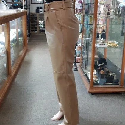 LEATHER TROUSERS BELTED HIGH WAISTED TOFFEE