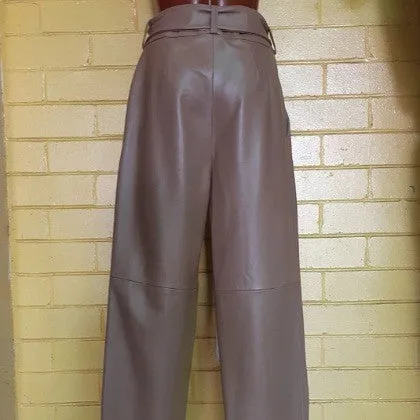 LEATHER TROUSERS BELTED HIGH WAISTED TOFFEE