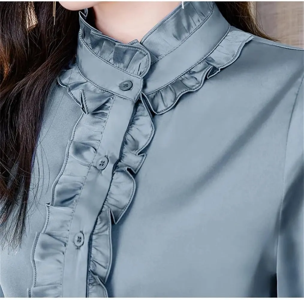 Sweejim Fashion Ruffles Long Sleeve Blouses Women Elegant Office Satin Shirts Basic Tops    S4710736