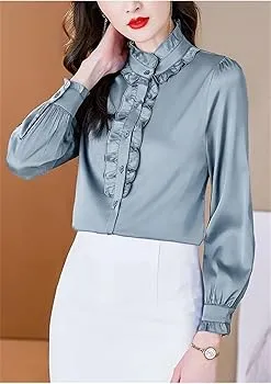 Sweejim Fashion Ruffles Long Sleeve Blouses Women Elegant Office Satin Shirts Basic Tops    S4710736