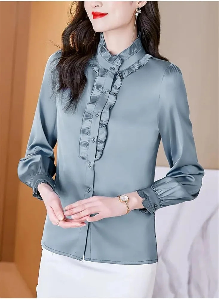 Sweejim Fashion Ruffles Long Sleeve Blouses Women Elegant Office Satin Shirts Basic Tops    S4710736