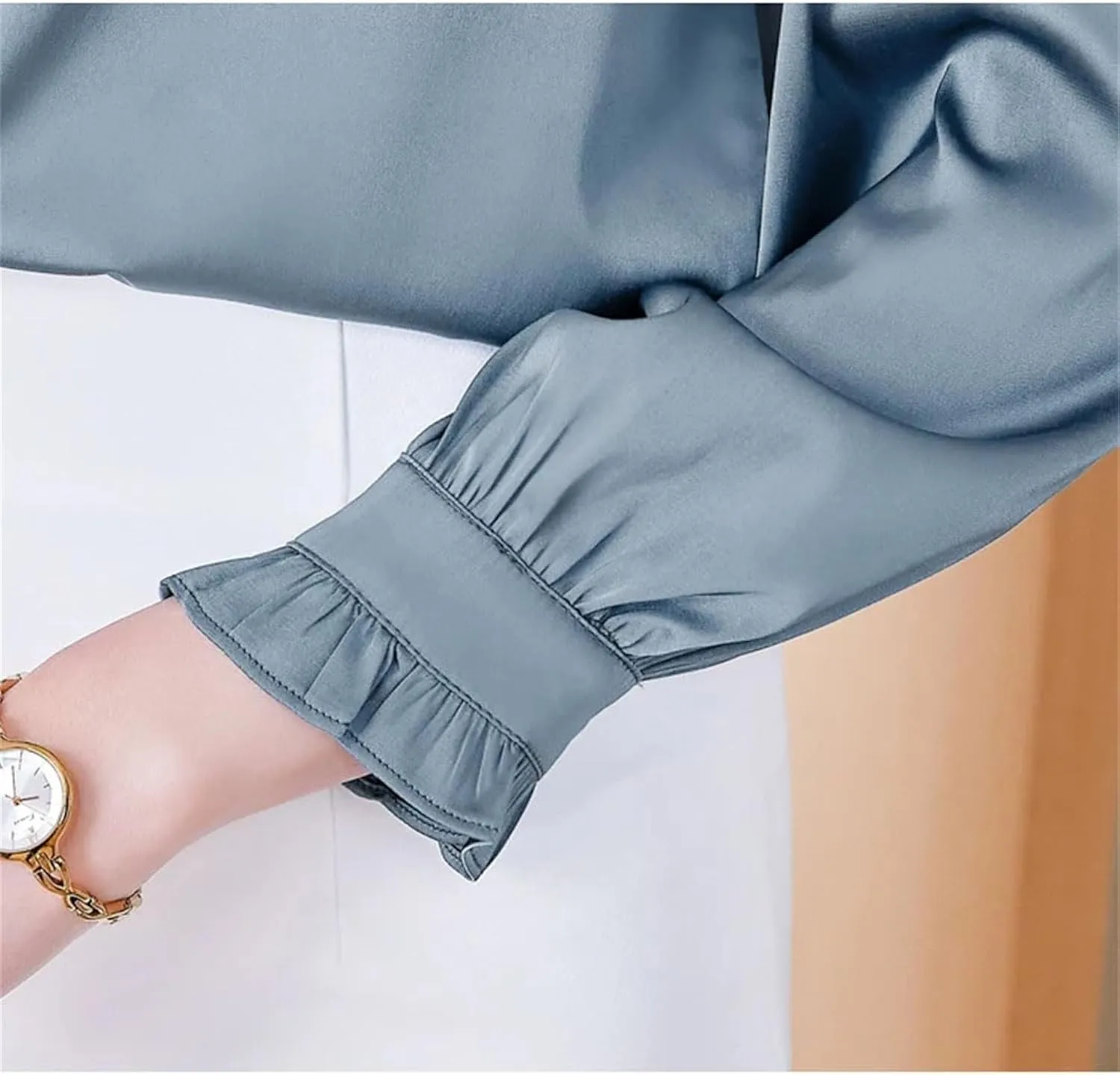 Sweejim Fashion Ruffles Long Sleeve Blouses Women Elegant Office Satin Shirts Basic Tops    S4710736