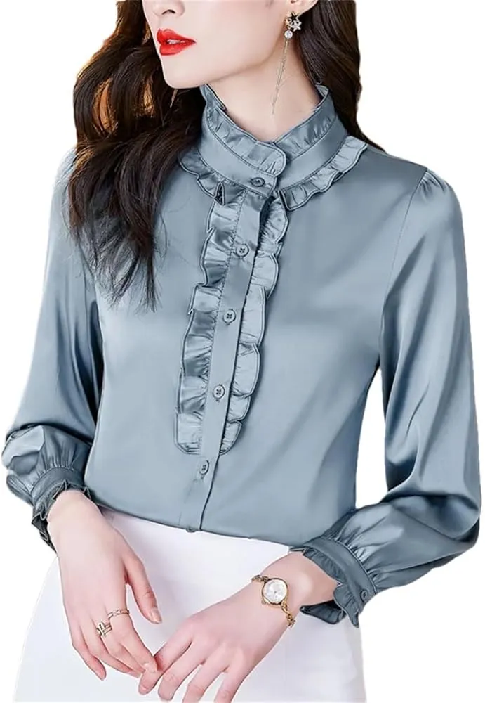 Sweejim Fashion Ruffles Long Sleeve Blouses Women Elegant Office Satin Shirts Basic Tops    S4710736