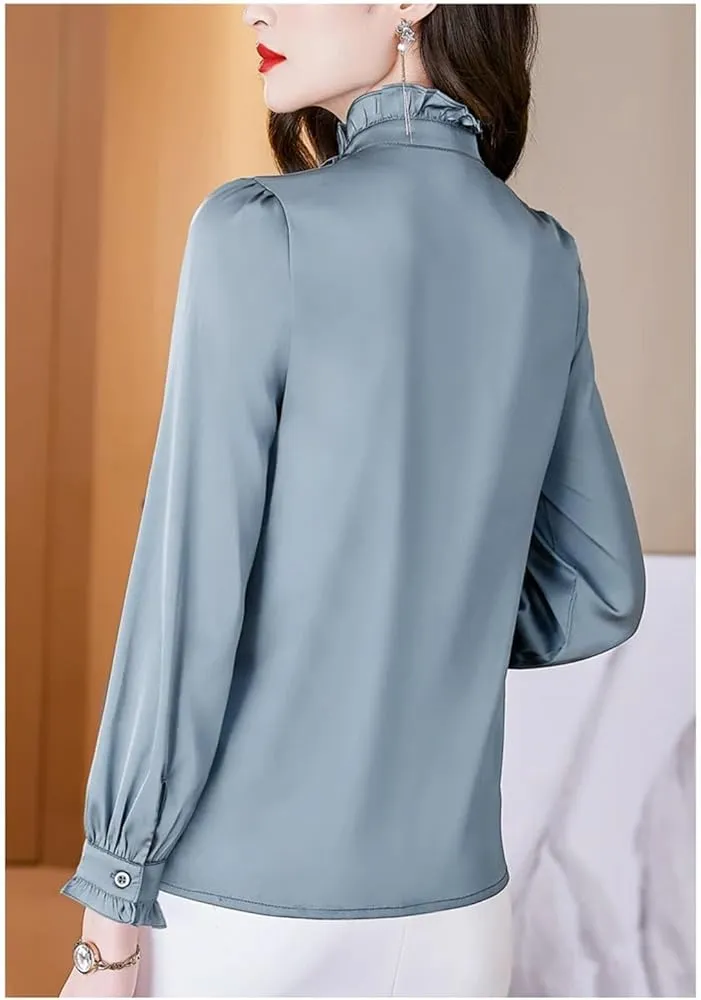 Sweejim Fashion Ruffles Long Sleeve Blouses Women Elegant Office Satin Shirts Basic Tops    S4710736